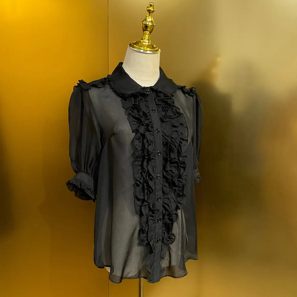 Side angle of flowing silhouette on Dolce Gabbana D&G Women Chiffon Shirt-Black