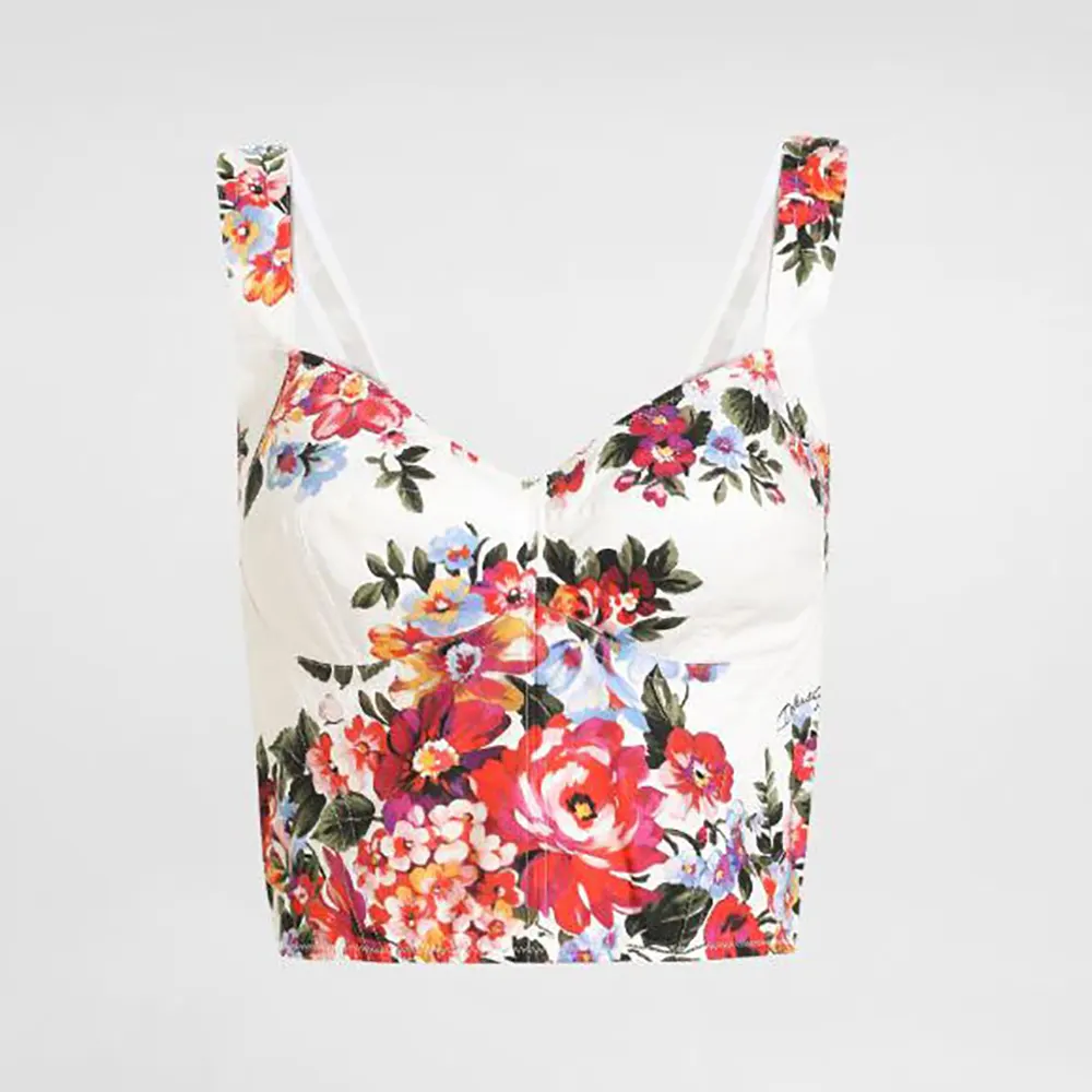 Front view of Dolce Gabbana D&G Women Flower Bouquet-Print Cotton Bustier Top