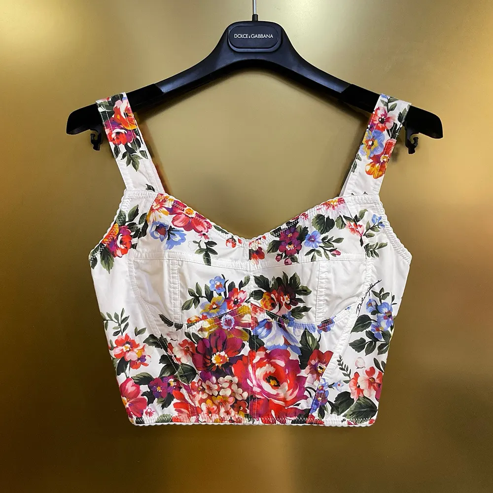 Close-up detail of floral print on Dolce Gabbana D&G cotton bustier top