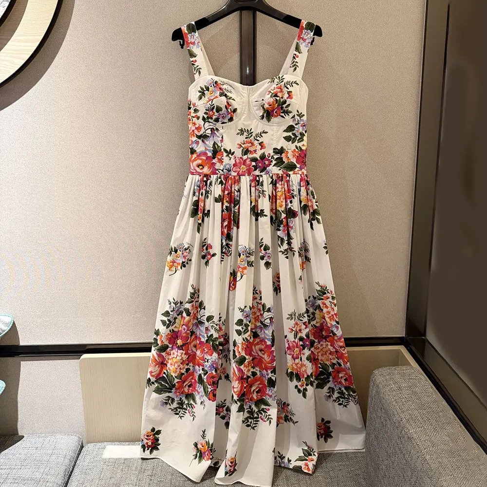Close-up of floral print and D&G logo buttons on cotton dress