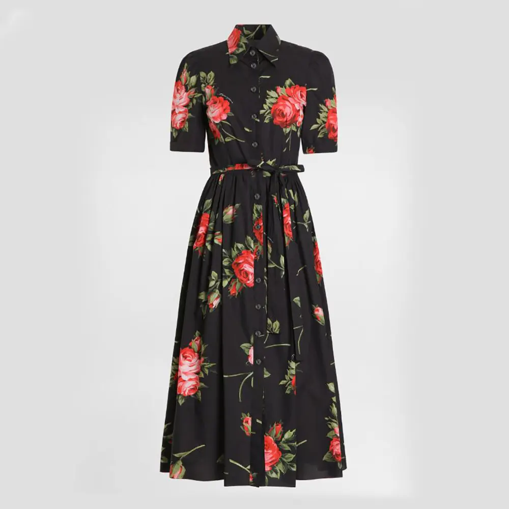 Front view of Dolce Gabbana D&G Women Rose Bouquet-Print Poplin Shirt Dress