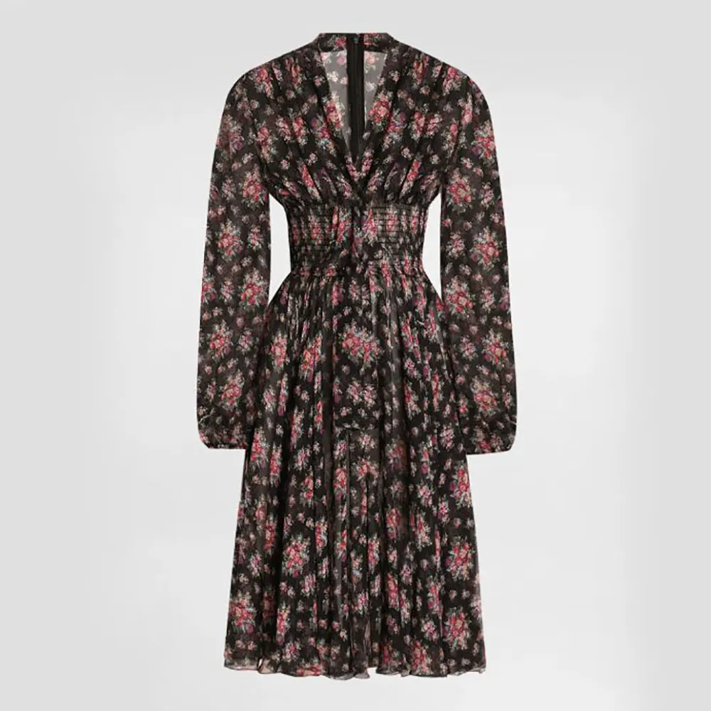 Front view of Dolce Gabbana D&G Women Small Flower Bouquets-print Chiffon Dress