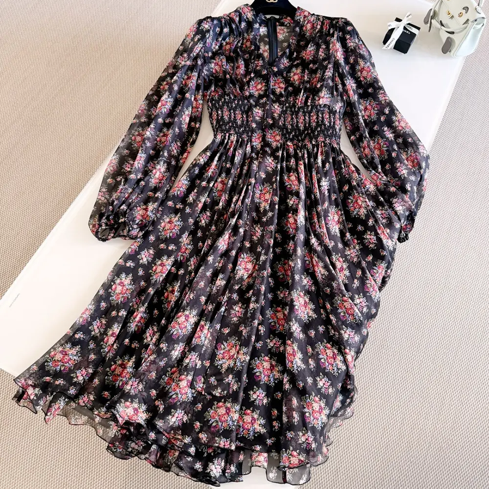 Side angle showcasing flowing silhouette of Dolce Gabbana D&G chiffon dress