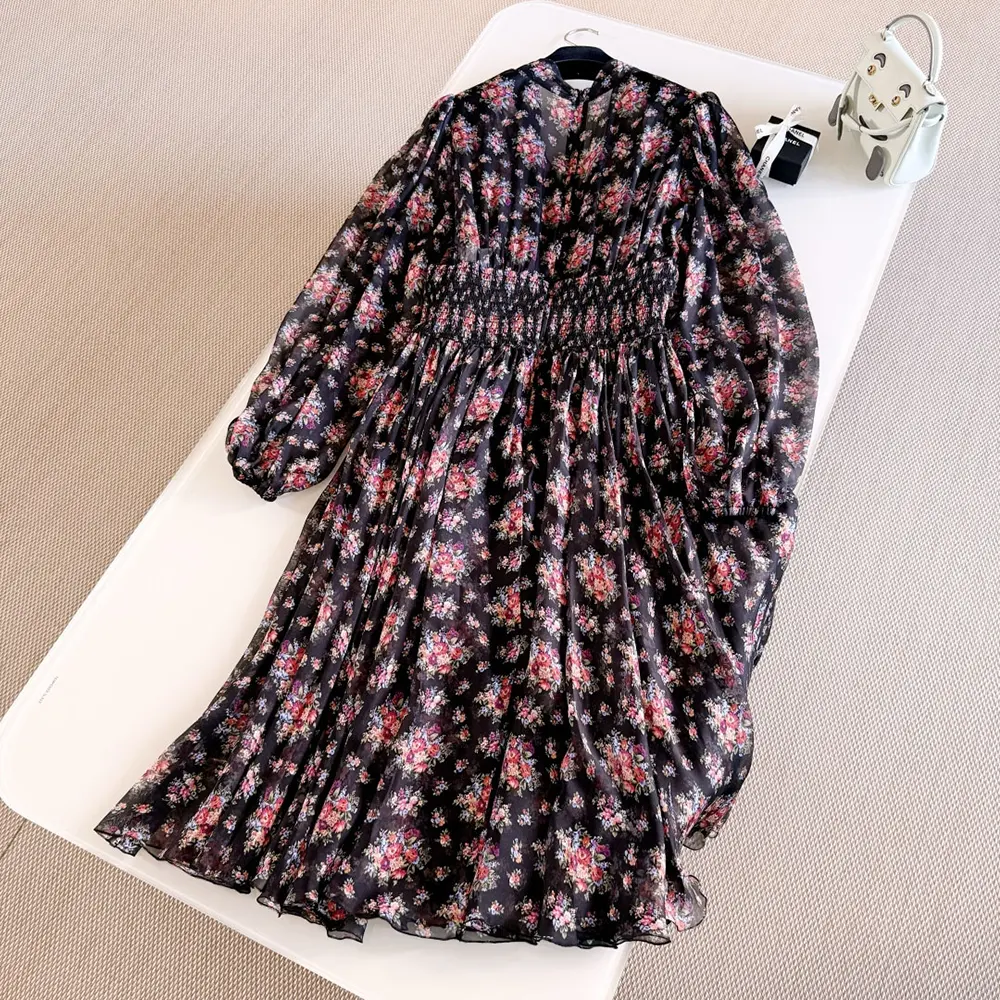Close-up of floral print and chiffon texture on the Dolce Gabbana dress