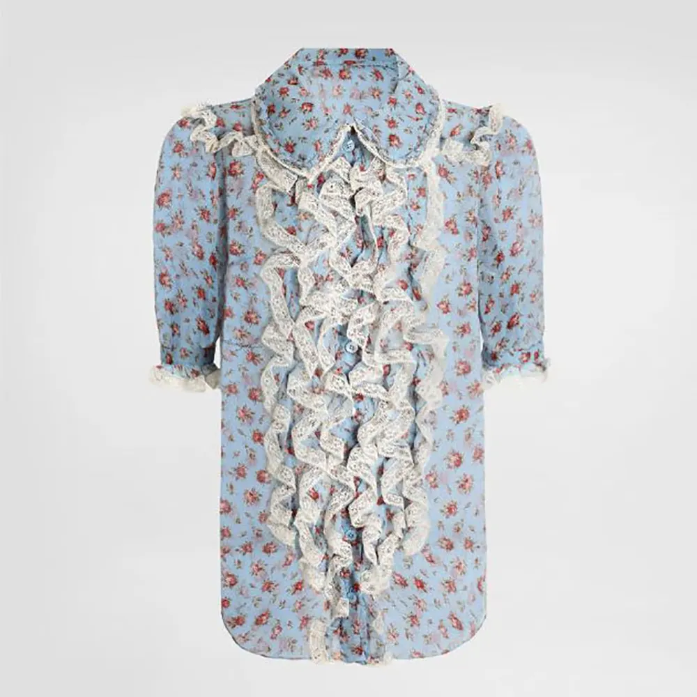 Front view of Dolce Gabbana D&G Women Small Rose-Print Chiffon Shirt in blue