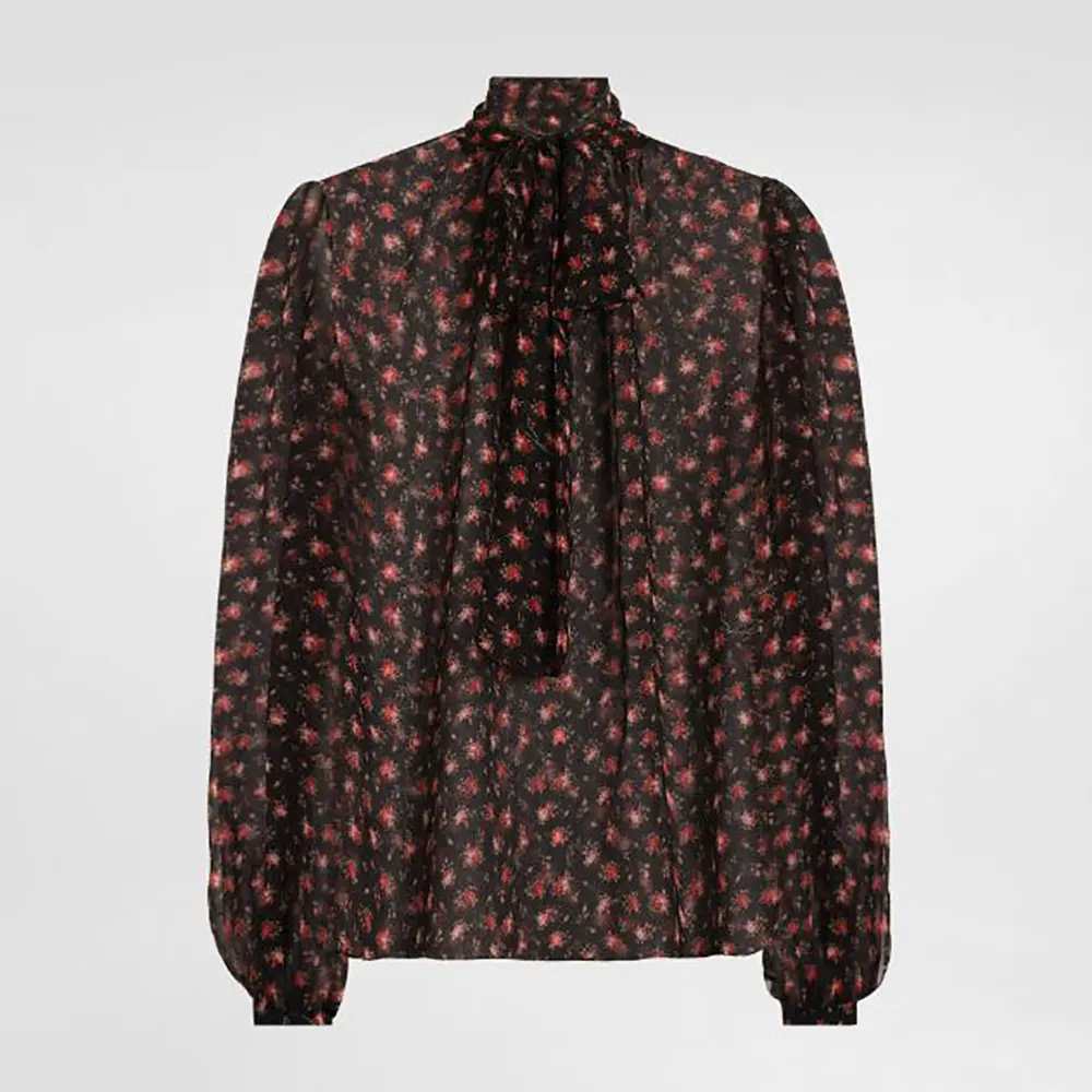 Front view of Dolce Gabbana D&G Women Small Rose-Print Chiffon Top in black