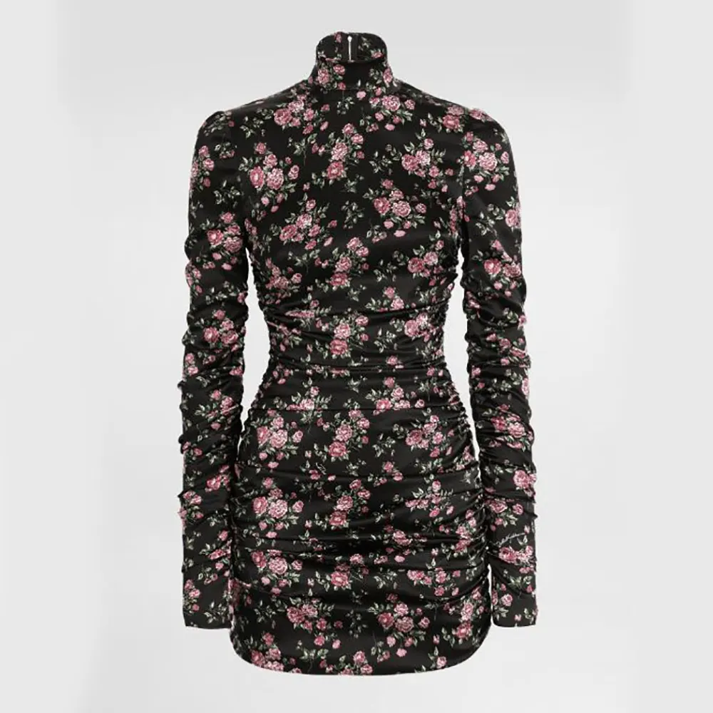 Front view of Dolce Gabbana D&G Women Vintage Rose-Print Draped Dress in black silk