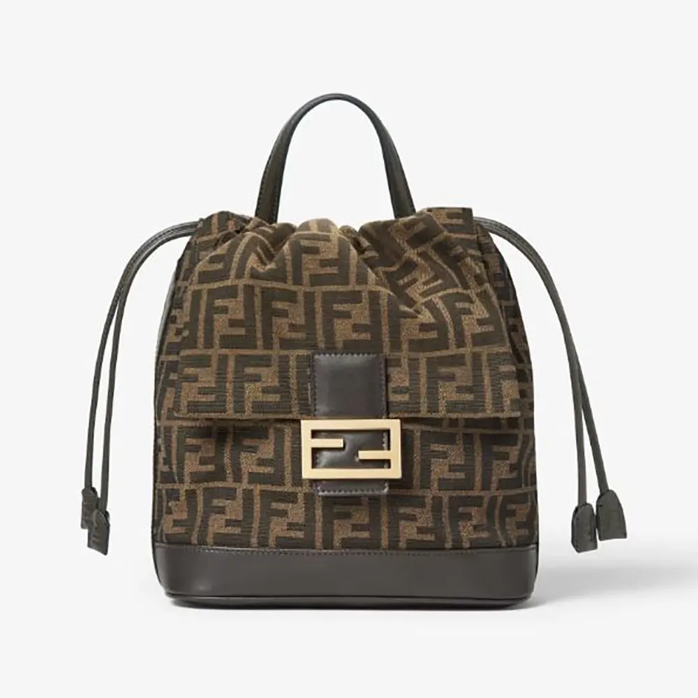 Front view of Fendi Women Brown FF Jacquard Fabric Backpack with zipped closure