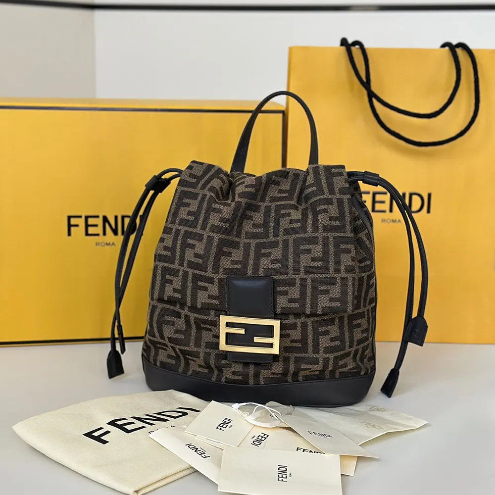 Close-up of gold-tone hardware and FF jacquard detail on Fendi backpack