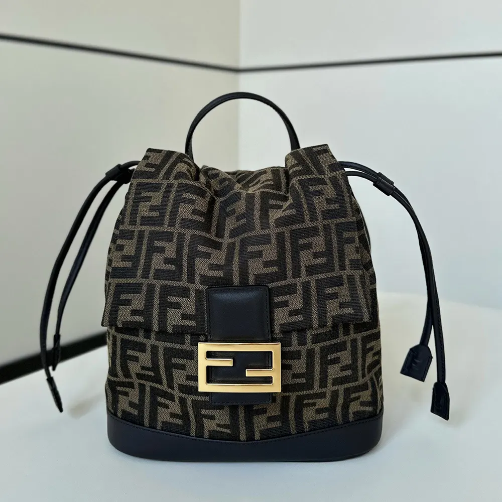 Side angle showcasing adjustable straps on Fendi Women Brown FF Jacquard Fabric Backpack