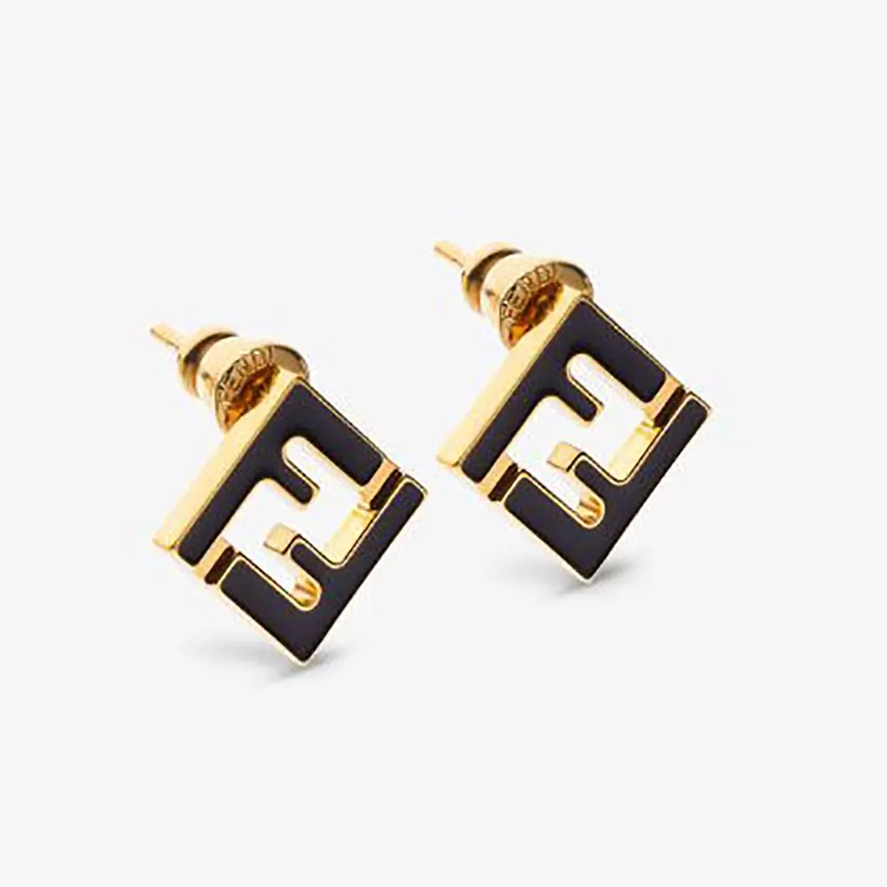Front view of Fendi Women Forever Fendi Earrings Gold-Colored and Black Metal
