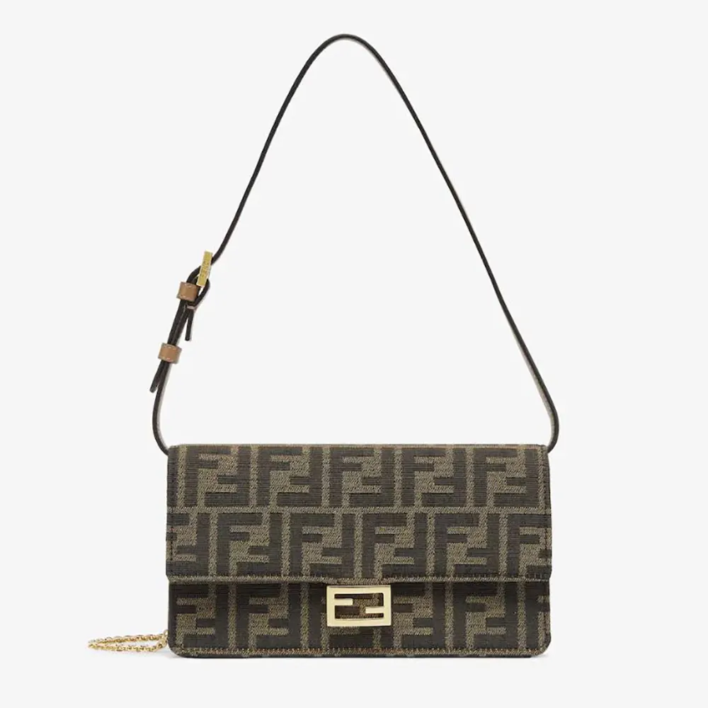 Front view of Fendi Women Wallet On Chain Baguette Brown FF Fabric Wallet