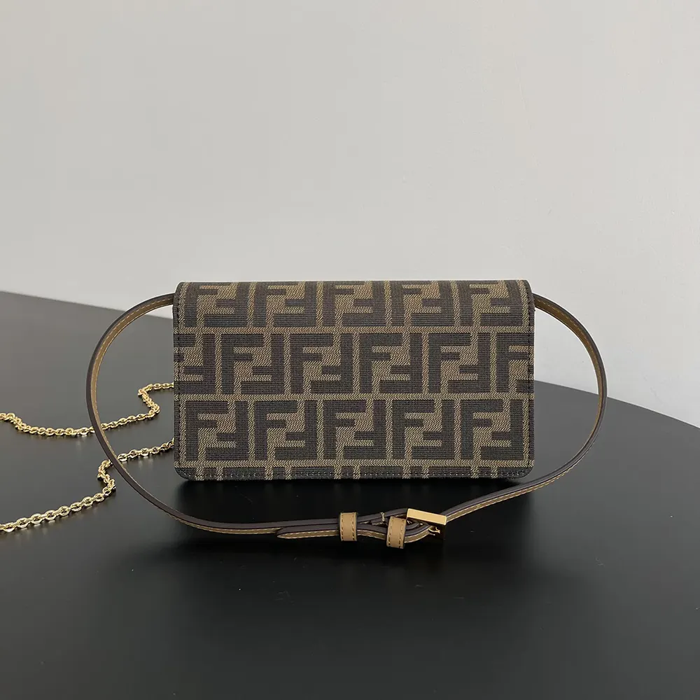 Side angle showing silhouette and texture of Fendi Women Wallet On Chain Baguette Brown FF Fabric Wallet