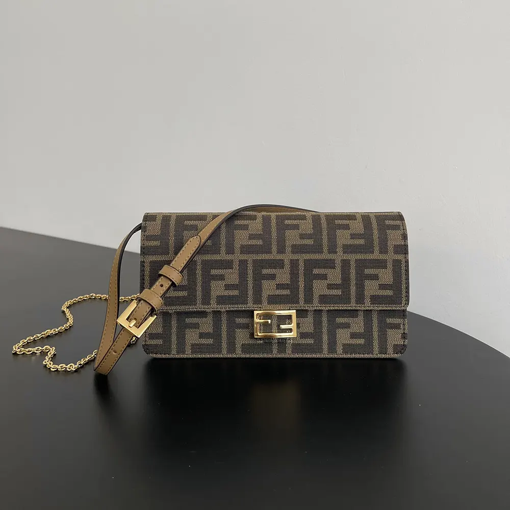 Close-up of gold chain and magnetic flap on Fendi Women Wallet On Chain Baguette Brown FF Fabric Wallet