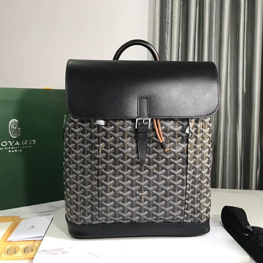 Close-up of black leather trim with silver-tone hardware on Goyard backpack