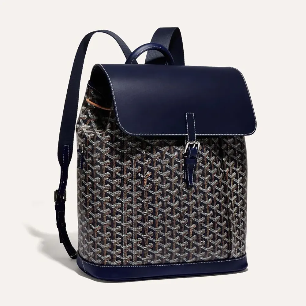 Front view of Goyard Unisex Alpin MM Backpack-Navy showing zip and logo