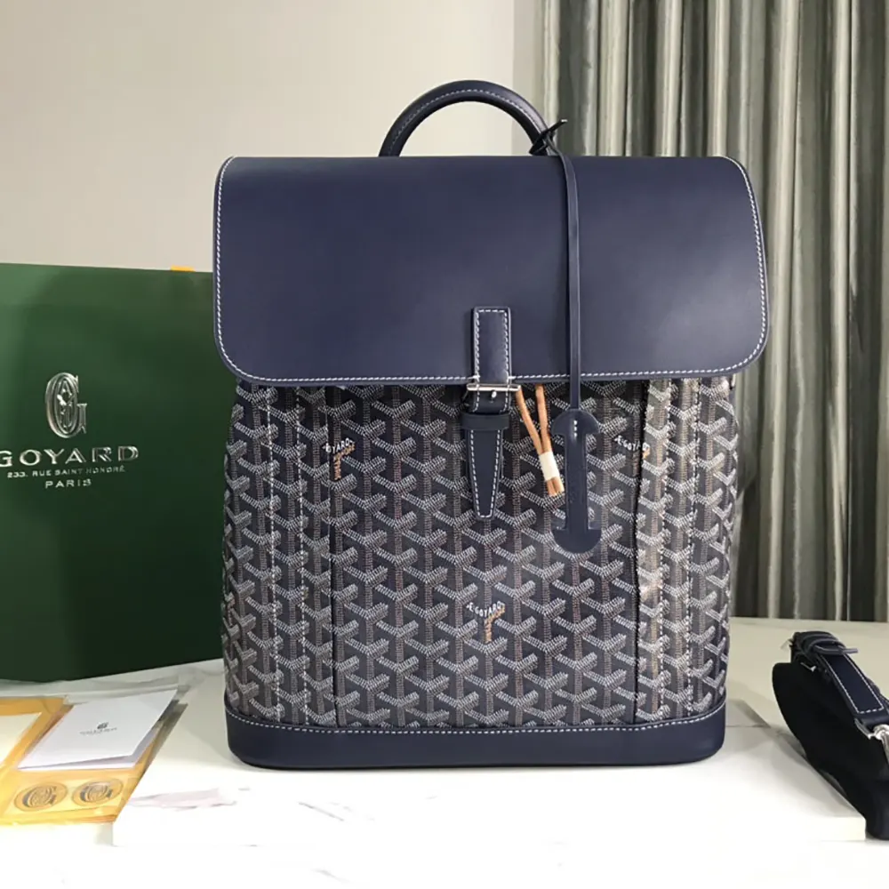 Close-up on Goyard Unisex Alpin MM Backpack-Navy coated canvas texture