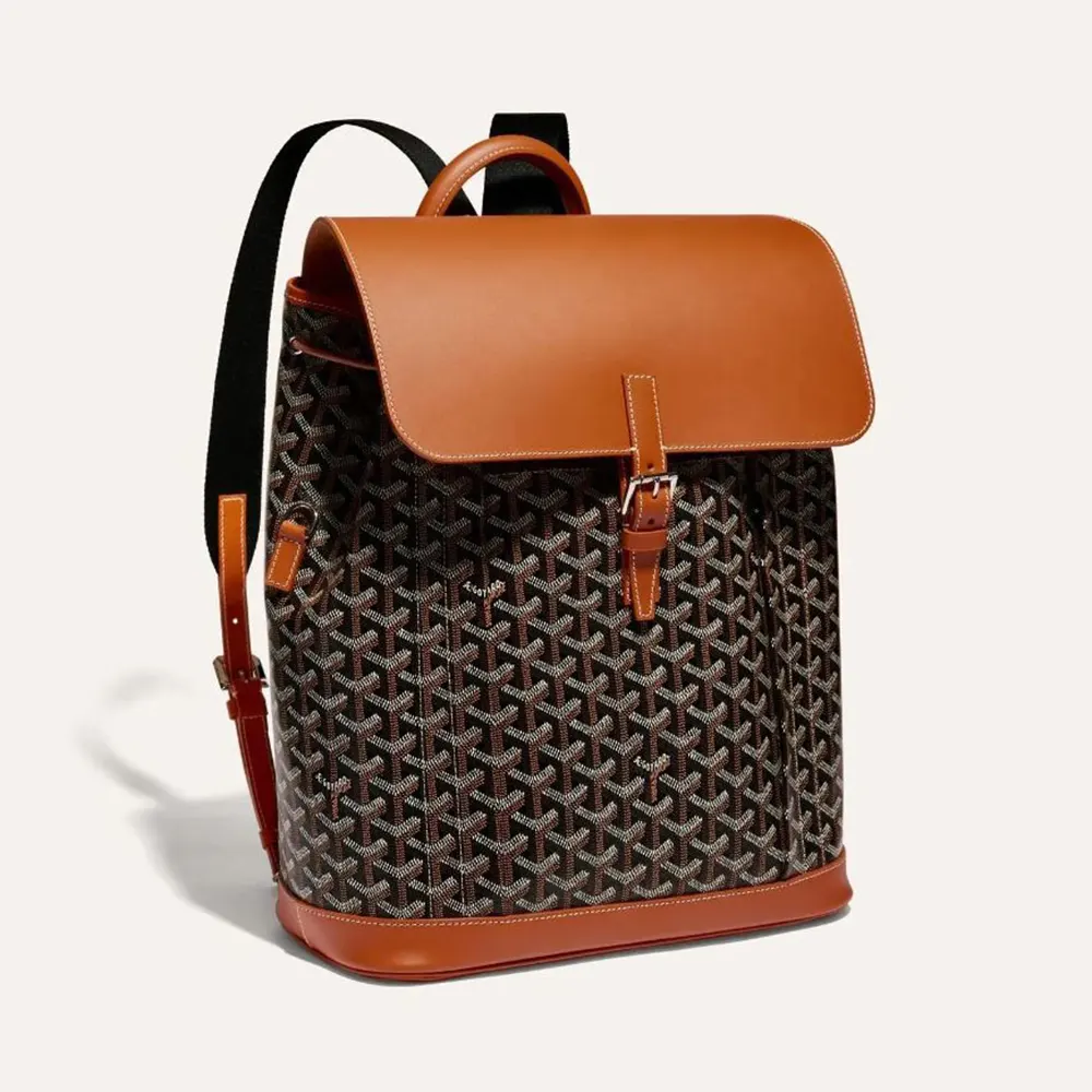Front angle of Goyard Unisex Alpin MM Backpack-Tan showing chevron pattern