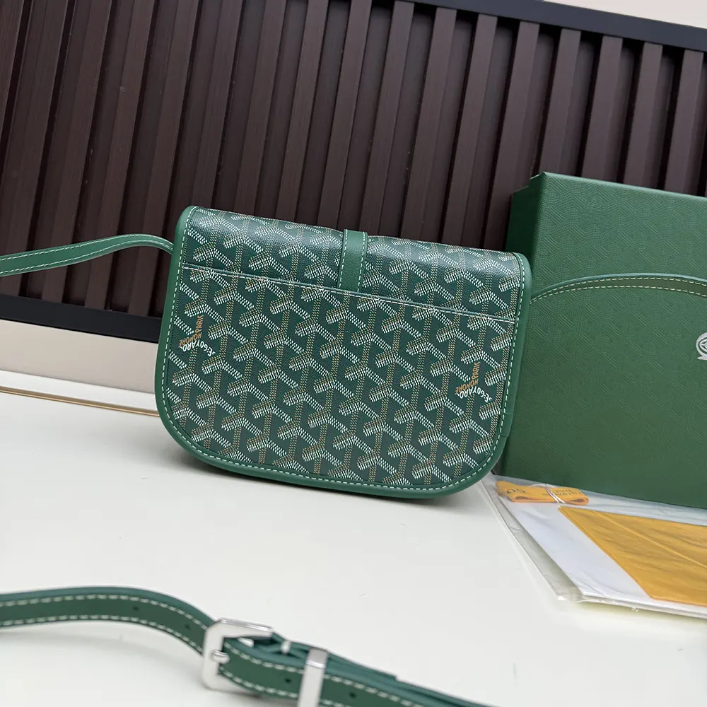 Side angle of Goyard Unisex Belvedere Mm Bag-Green showing adjustable strap