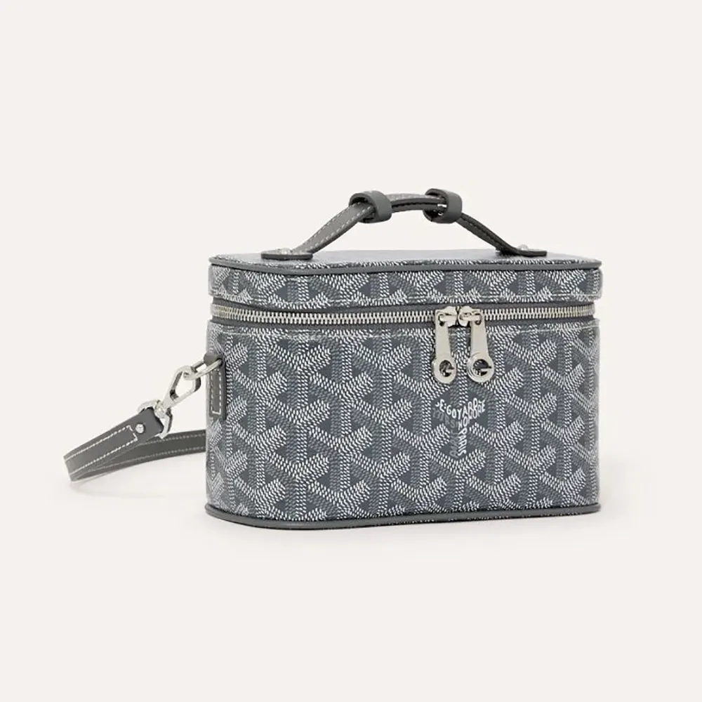 Front angle of Goyard Unisex Muse Mini Vanity-Grey showing grey coated canvas