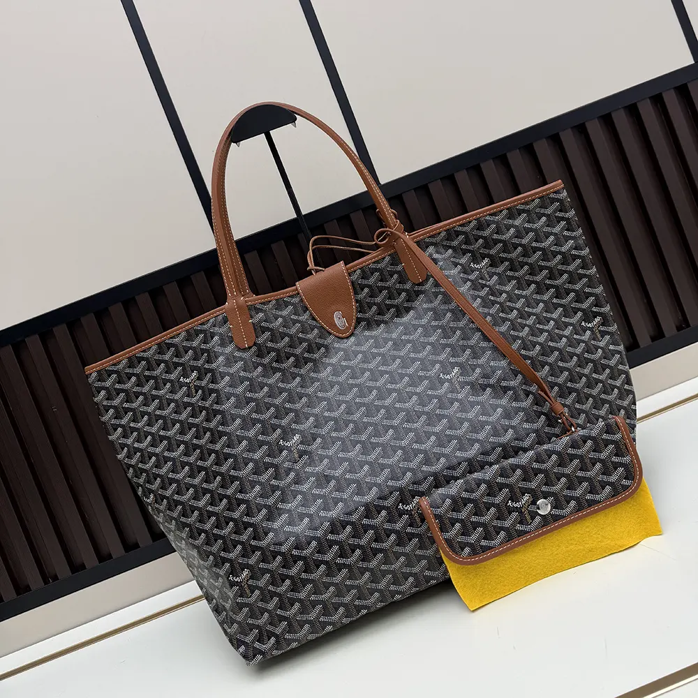 Close-up of Goyard Unisex Saint Louis Gm Bag-Tan brass hardware and canvas