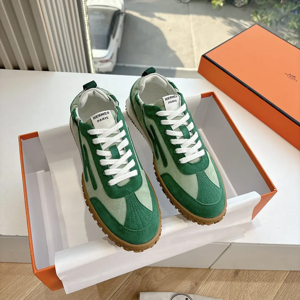 Hermes Unisex Jet Sneaker in Technical Canvas and Suede Goatskin-Green - image 4
