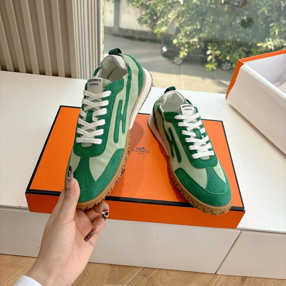 Hermes Unisex Jet Sneaker in Technical Canvas and Suede Goatskin-Green - image 6