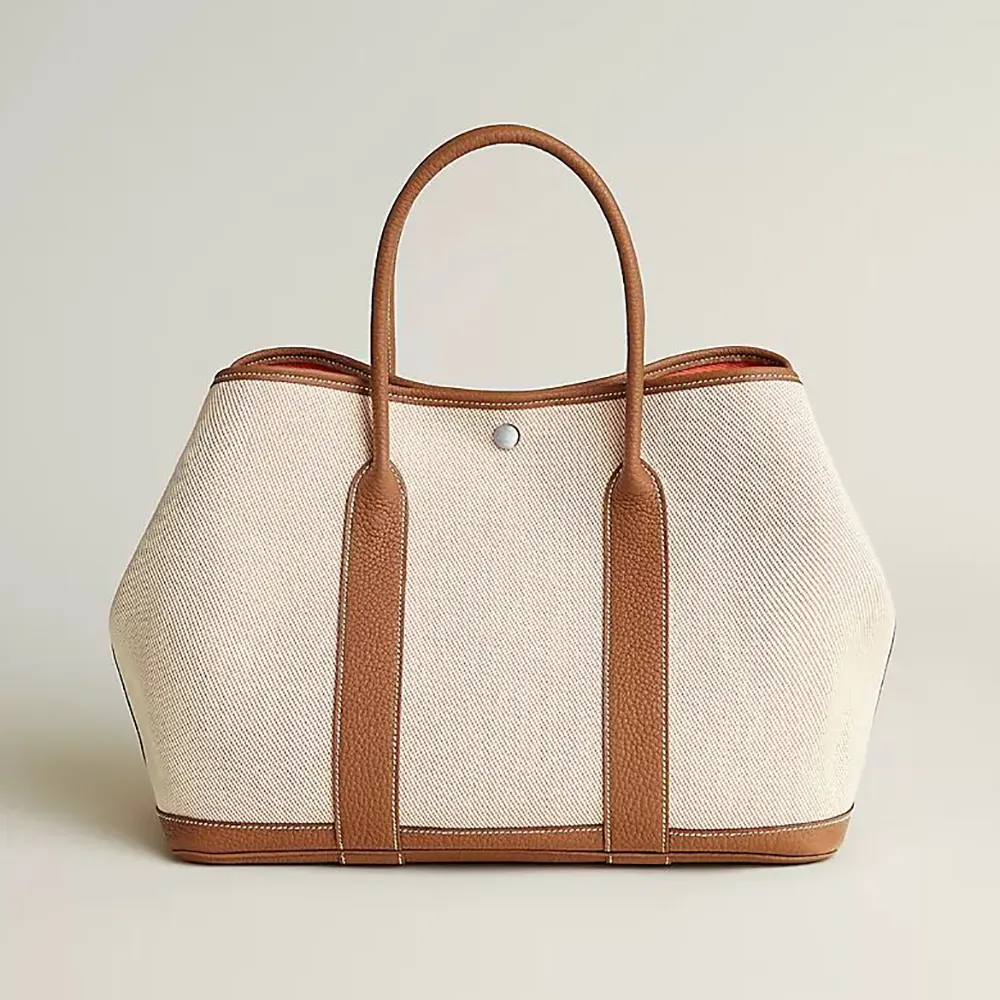 Front view of Hermes Women Garden Party 36 Bag-Brown showing rich brown leather