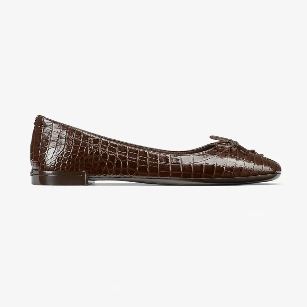 Side view of Jimmy Choo Women Scarlett Ballerina Chocolate Croc Embossed Leather Ballerina Flats