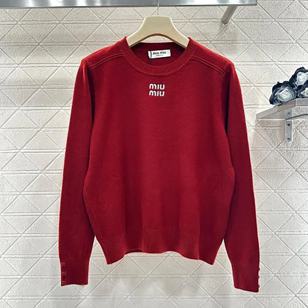 Front view of Miu Miu Women Cashmere Crew-Neck Sweater-Red