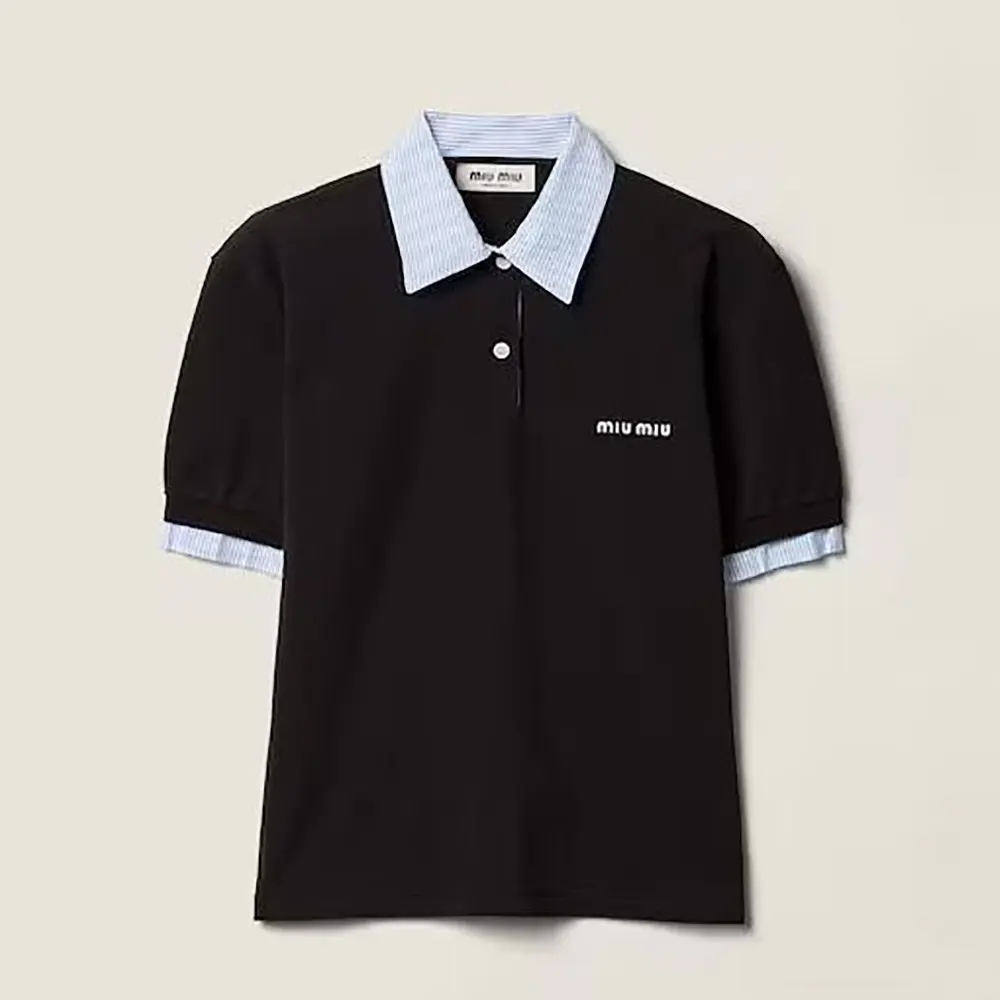 Front view of Miu Miu Women Cotton Piqué Polo Shirt-MJN5551843 in navy