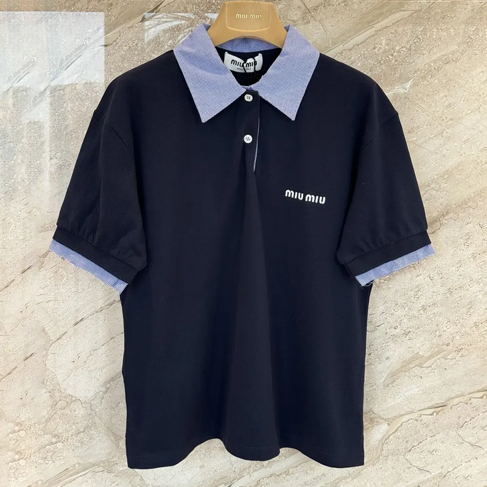 Close-up of collar and button details on Miu Miu Women Cotton Piqué Polo Shirt-MJN5551843