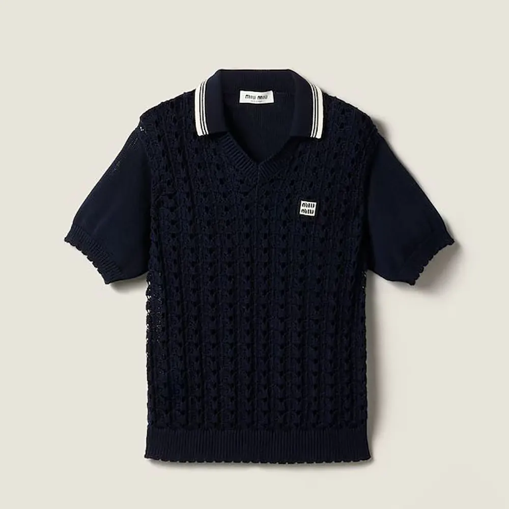 Front view of Miu Miu Women Cotton Polo Shirt-Navy with button closure