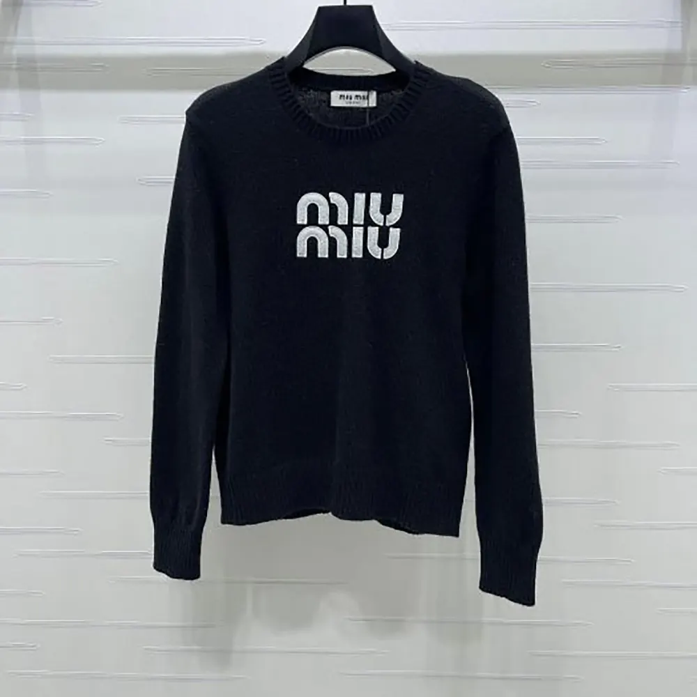 Front view of Miu Miu Women Double Cashmere Sweater with Logo-Black