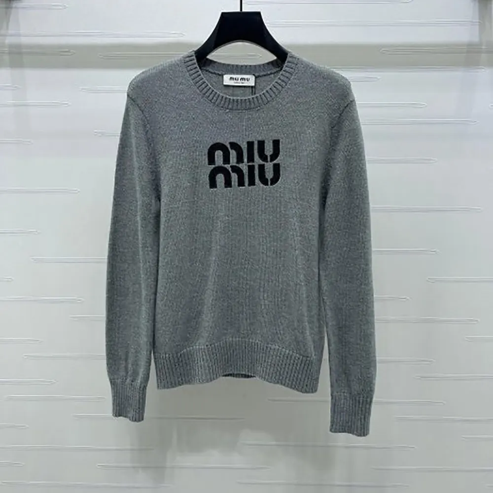 Front view of Miu Miu Women Double Cashmere Sweater with Logo-Grey