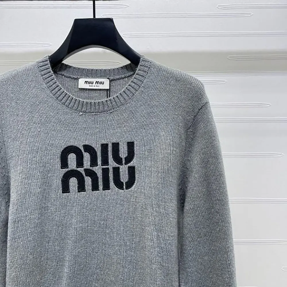 Miu Miu Women Double Cashmere Sweater with Logo-Grey - image 4