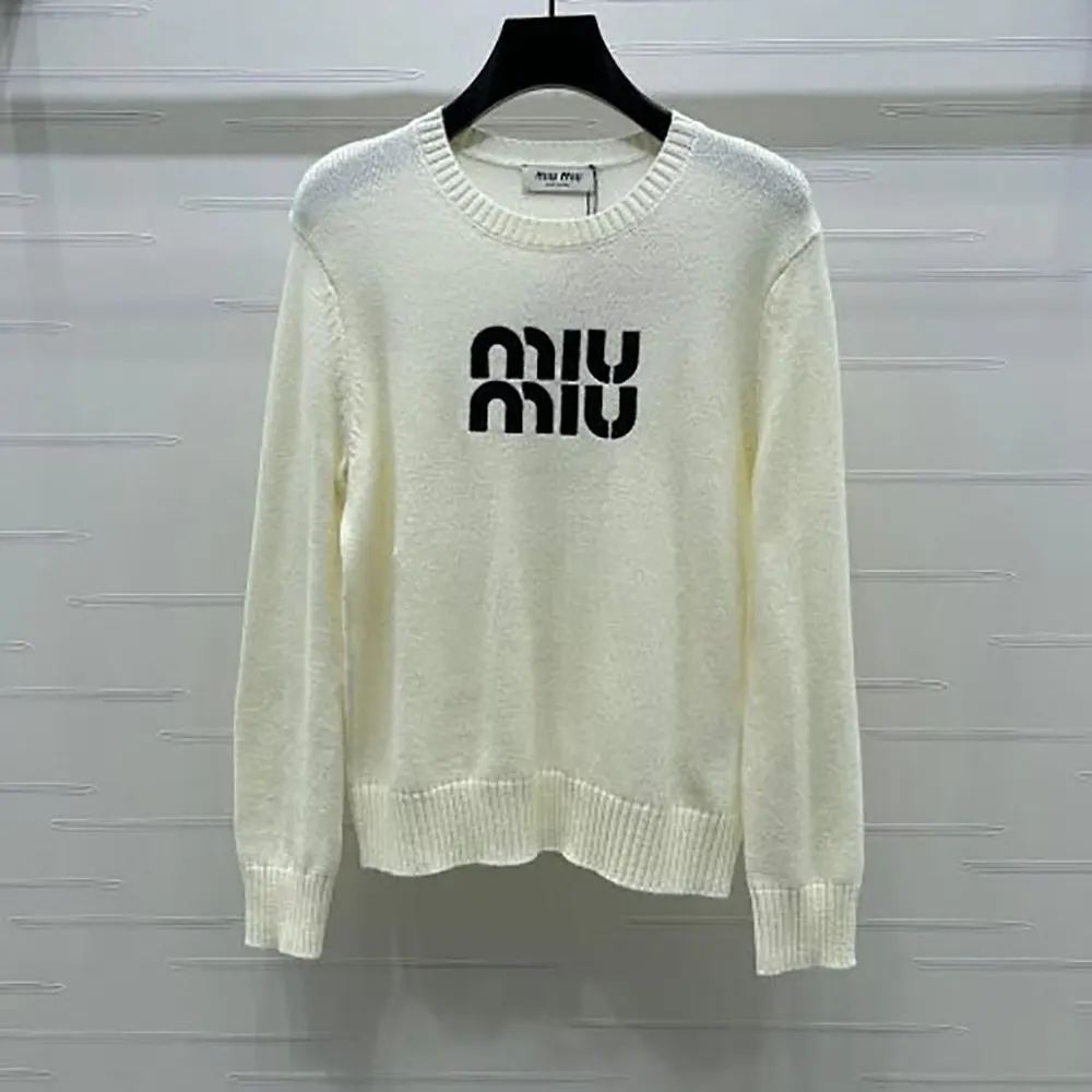 Front view of Miu Miu Women Double Cashmere Sweater with Logo-White