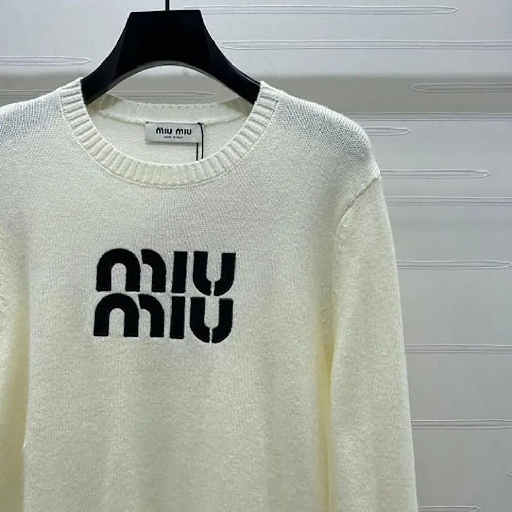Miu Miu Women Double Cashmere Sweater with Logo-White - image 4