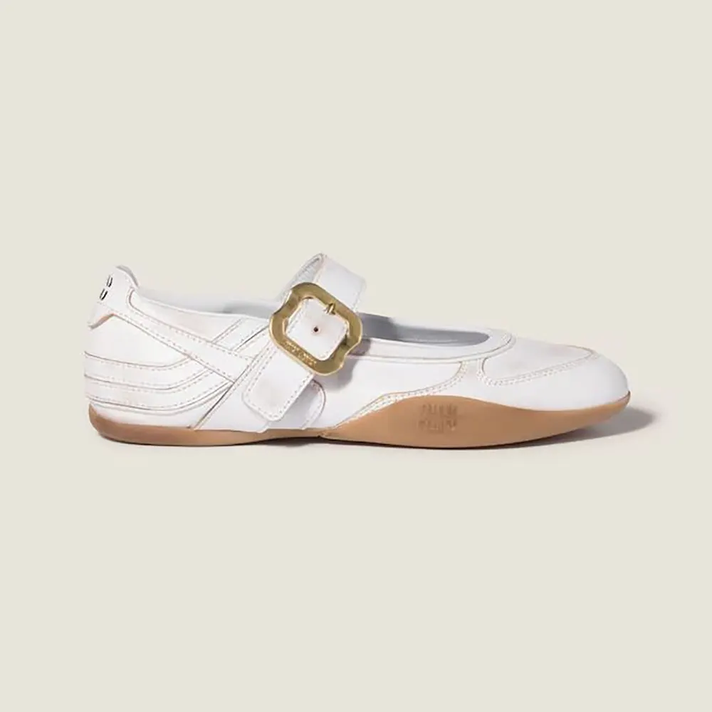 Side view of Miu Miu Women Gymnasium Leather Ballerinas With Strap and Buckle in white