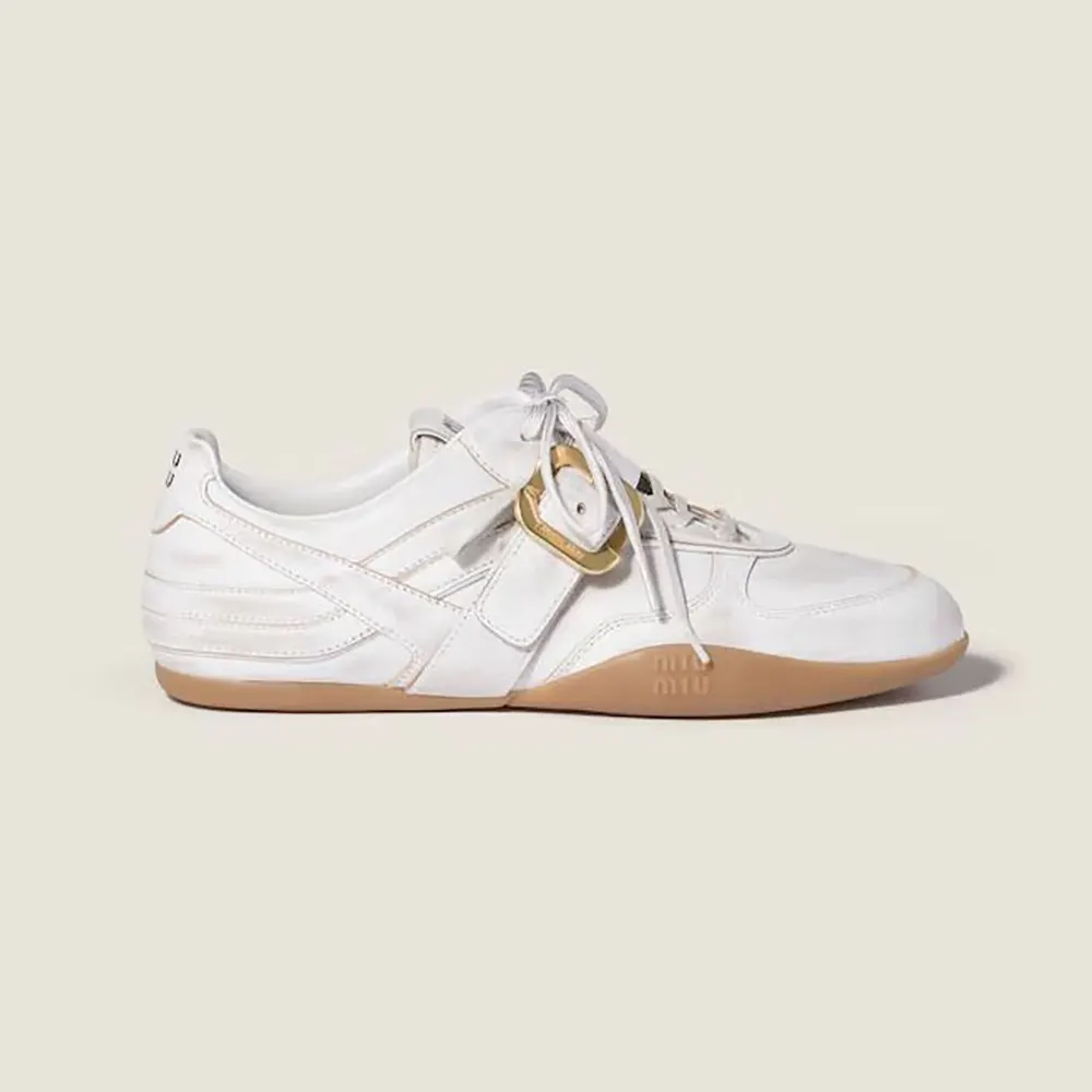 Side profile of Miu Miu Women Gymnasium Leather Sneakers With Strap and Buckle in white