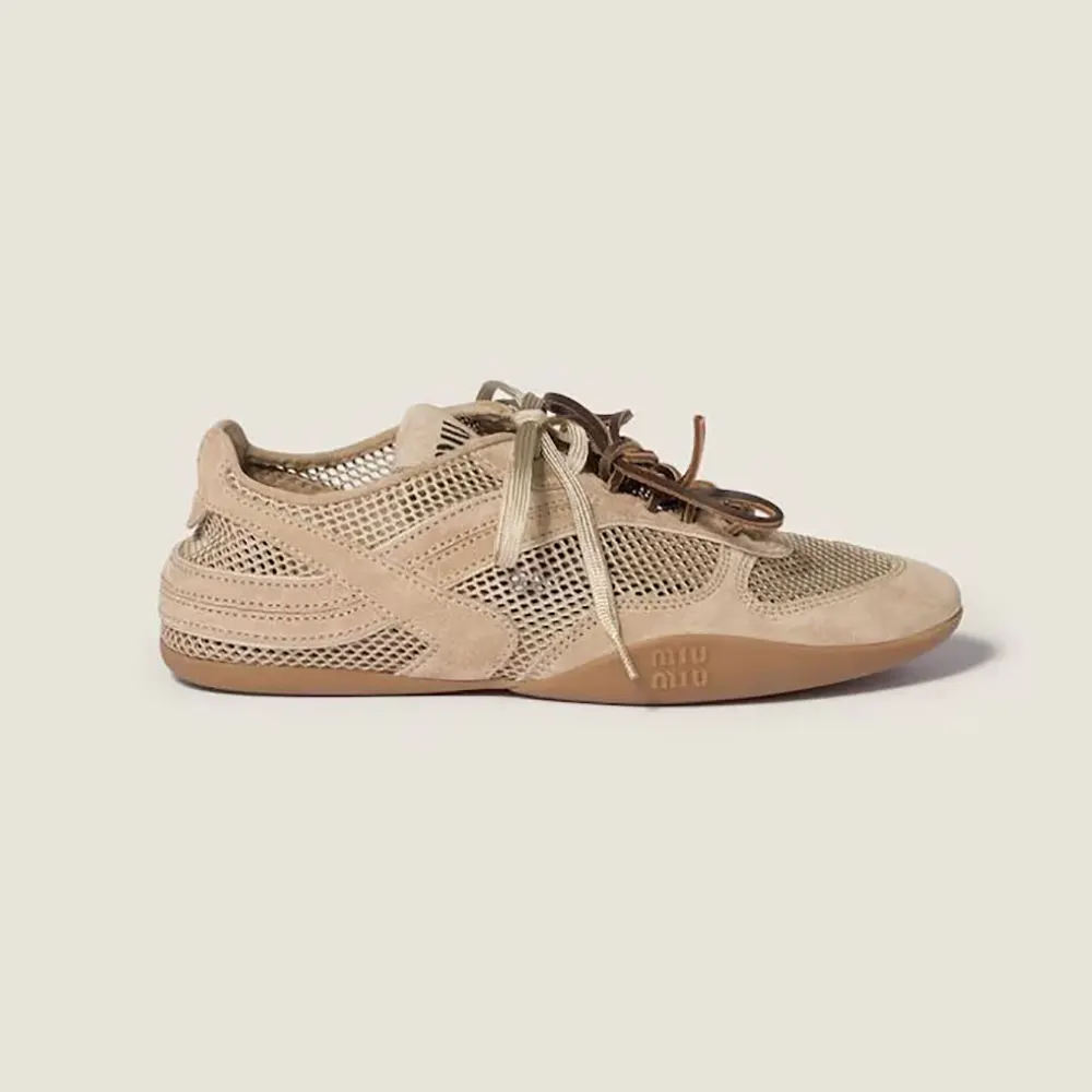 Side view of Miu Miu Women Gymnasium Mesh and Suede Sneakers in brown