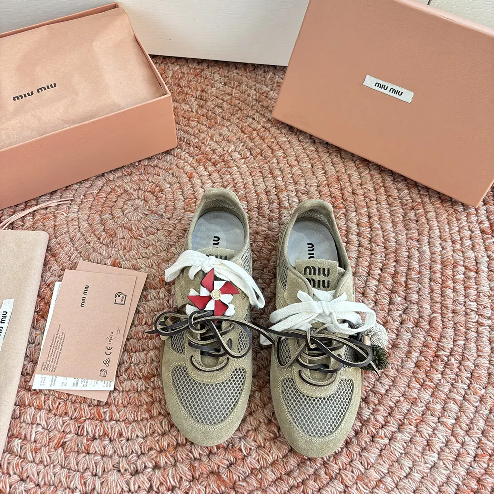 Close-up of brown suede and mesh texture on Miu Miu Women Gymnasium Sneakers