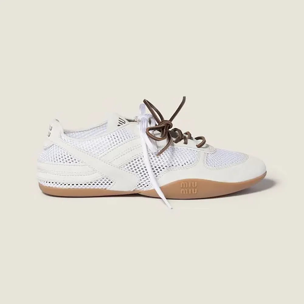 Side view of Miu Miu Women Gymnasium Mesh and Suede Sneakers-White