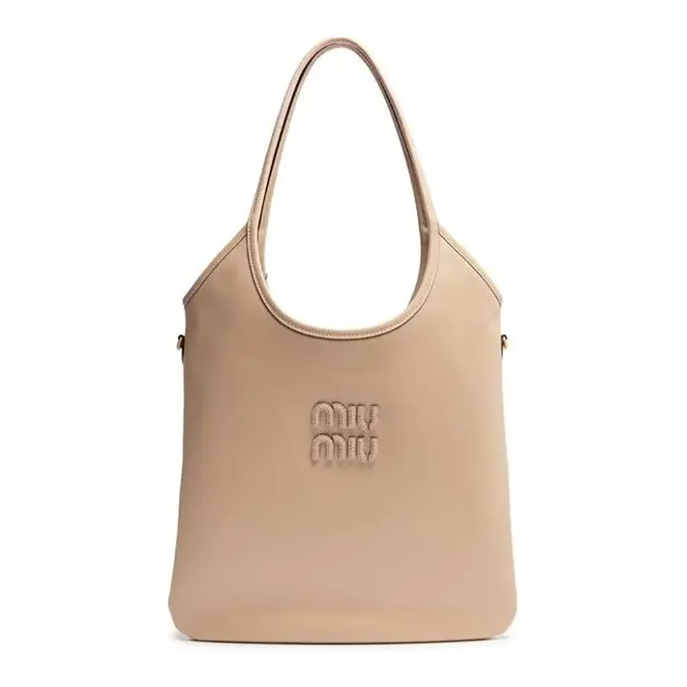Front view of Miu Miu Women IVY Leather Bag with Leather Lettering Logo-Sandy