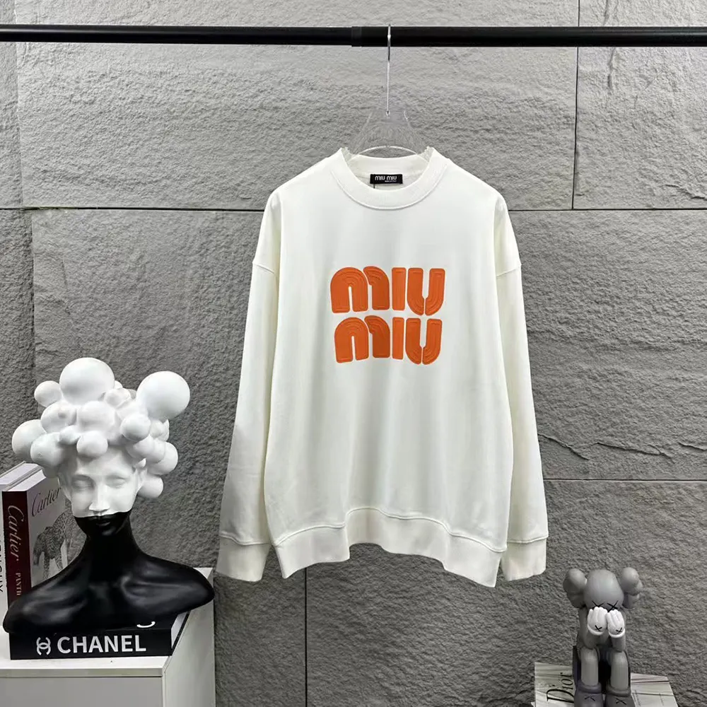 Front view of Miu Miu Women Logo-Embroidered Cotton Sweatshirt-Orange