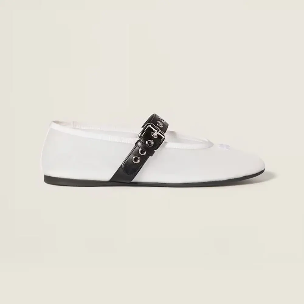 Side view of Miu Miu Women Mesh Fabric Ballerinas in white