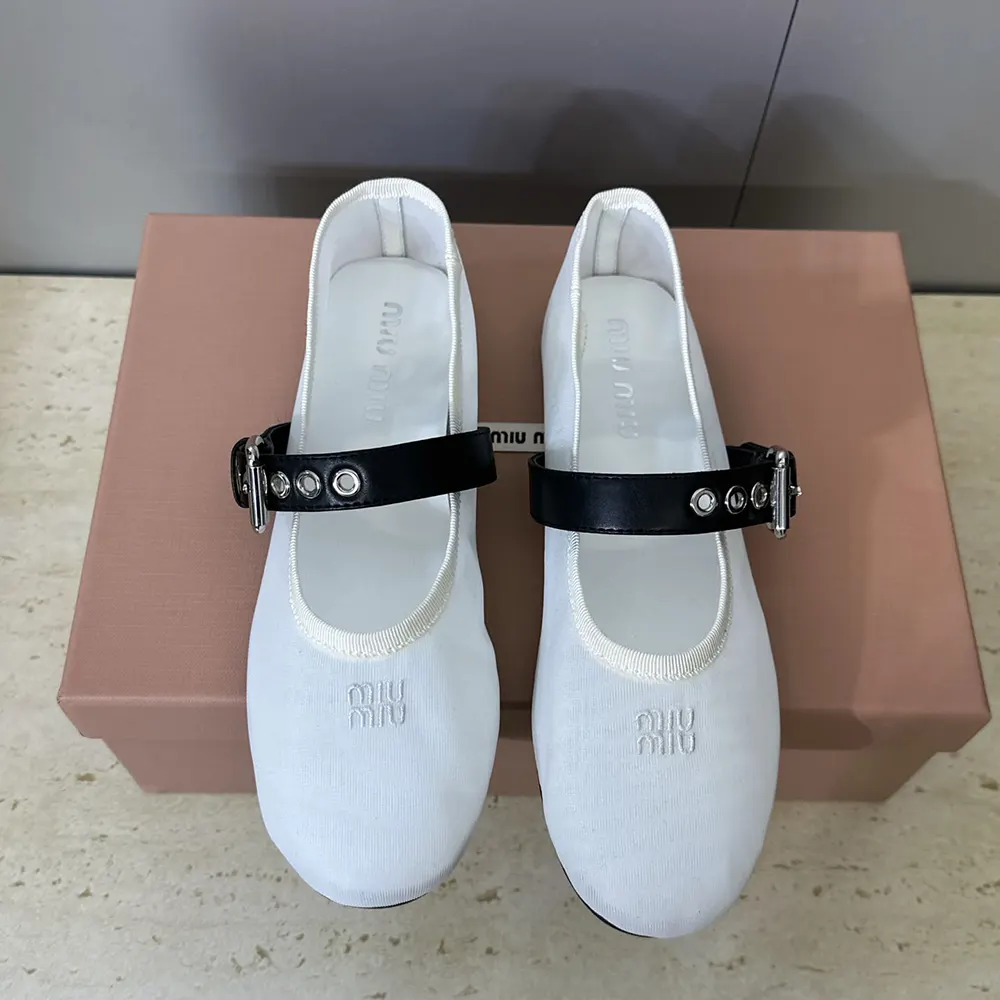Close-up detail of elastic trim and mesh fabric on Miu Miu ballerinas
