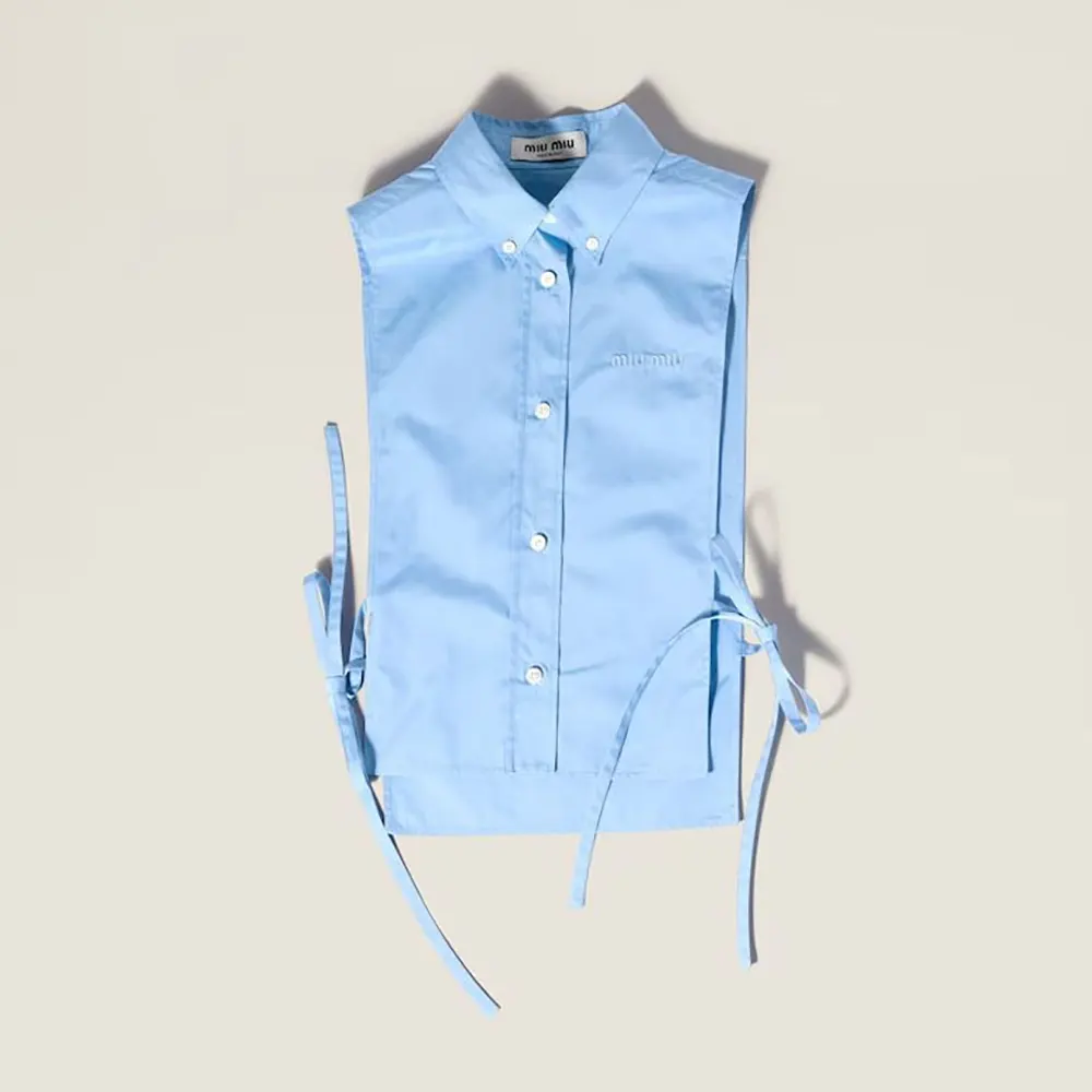 Front view of Miu Miu Women Poplin Shirt-Blue with buttoned collar