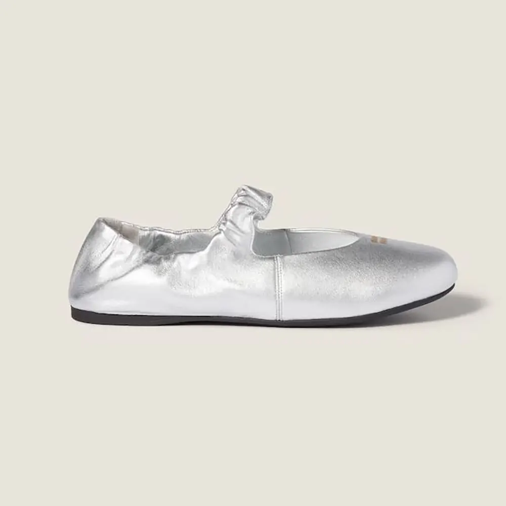 Side profile of Miu Miu Women Ruches Mordoré Nappa Leather Ballerinas in silver