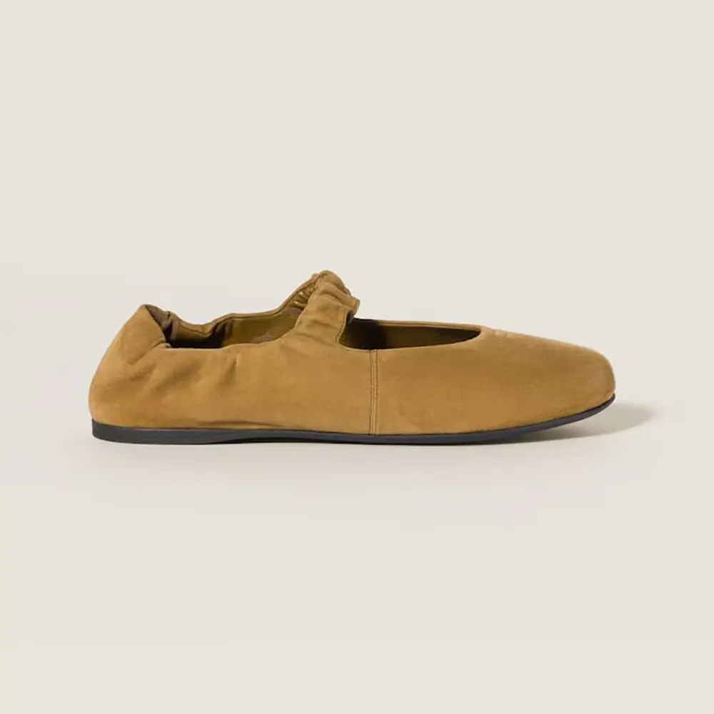 Side view of Miu Miu Women Ruches Suede Ballerinas in brown suede